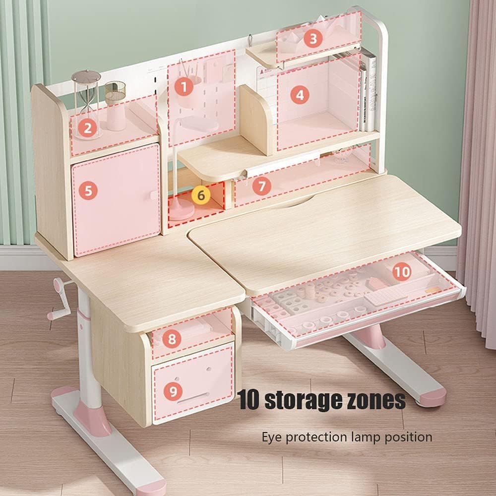 FCD Kids Desk and Chair, Wood Ergonomic Adjustable Multi Function Study Desk and Chair Set, Drafting Table and Computer Station with Tilt Desktop, Tablet Holder, Storage Cabinet and Drawers (Blue) FCD