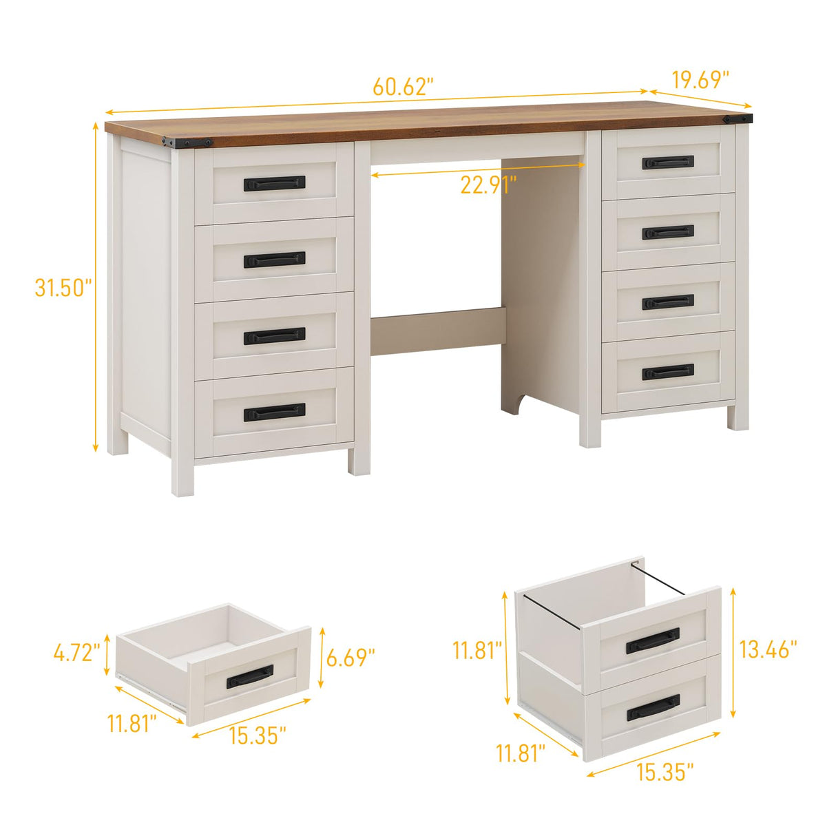 Vabches Farmhouse 60.6” Executive Desk with 7 Drawers, Computer Desk with File Drawer for Hanging Files A4, Workstation for Home Office, Study. Vabches