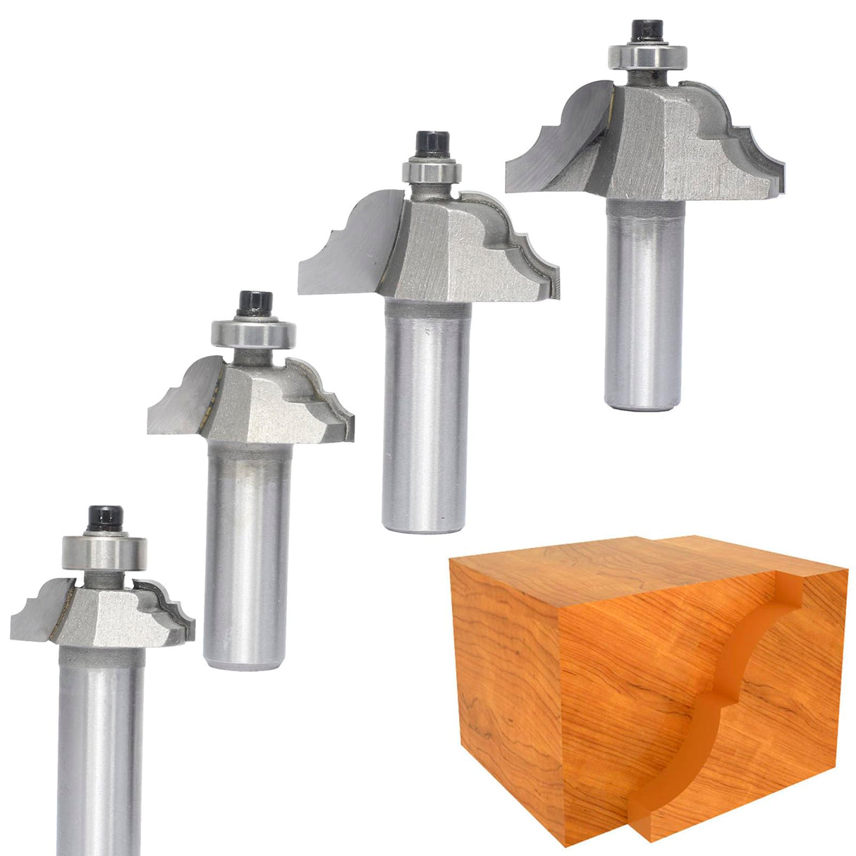 Akylin 4Pcs Classical Roman Ogee Bits Set,1/2" Shank,Radius 3/32", 1/8",5/32",3/16" Edge Forming Router Bits,Decorative Ogee Edging Cutter for Wood Surface Profiling,Routing,Molding Akylin