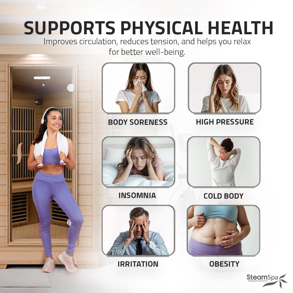 SteamSpa 1-5 Person Low EMF Carbon FAR Infrared Hemlock Wood and Tempered Glass Indoor Home Sauna Room with LED Touch Control Panel, Color LED Therapy Light, Bluetooth Speaker, Oxygen SteamSpa