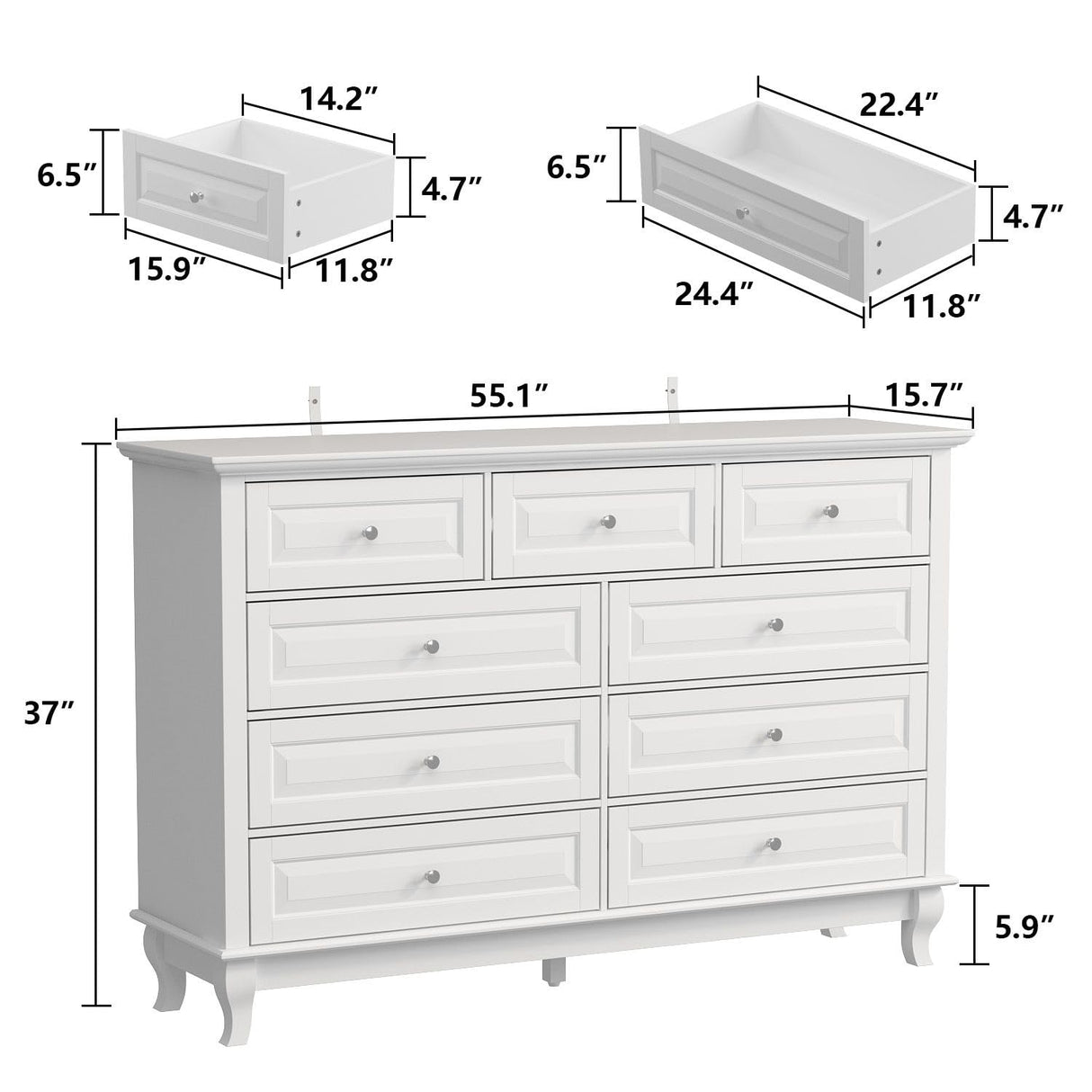MOUMON Chest of Drawers 9 Drawer Dresser, Modern Contemporary Dresser with Sliver Handles, Wooden Legs, 9 Drawer Cabinet White Dresser for Bedroom (55.1”W x 15.7”D x 37”H) MOUMON