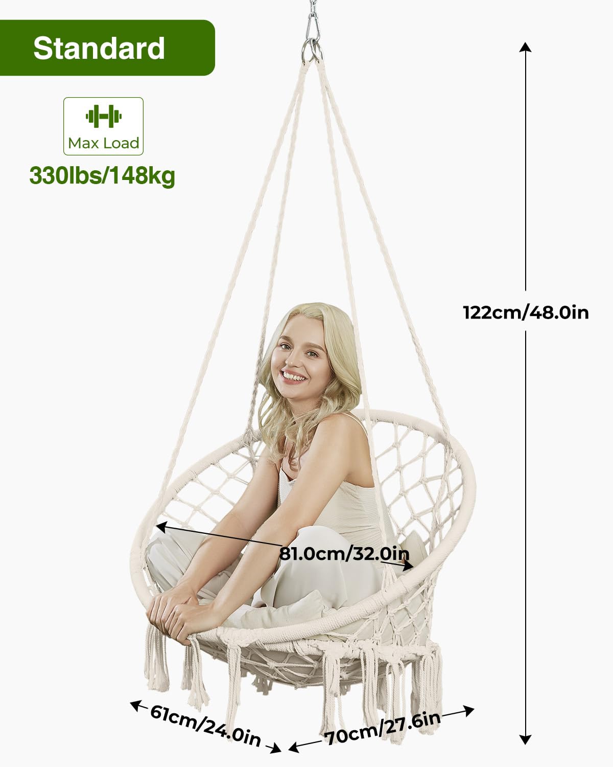 Greenstell Hammock Chair, Macrame Swing Chair with Comfy Cushion, Boho Hanging Chair for Outdoor & Indoor, Perfect for Bedroom, Patio, Balcony, Hold up to 330Lbs, Beige GREENSTELL