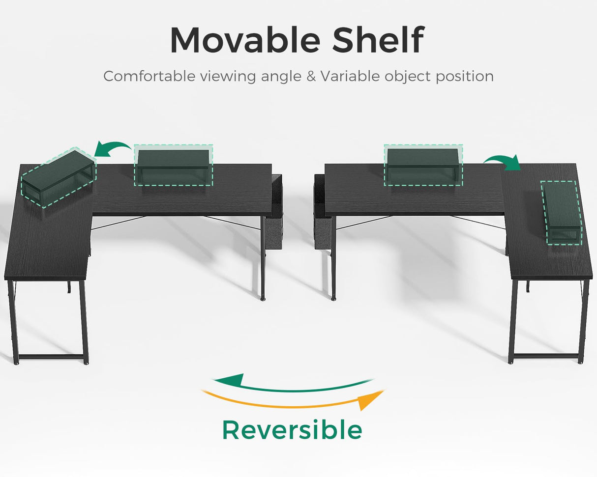 Casaottima L Shaped Computer Desk with Storage Bag, 57.5 Inch Reversible Gaming Desk, Home Office Corner Desk with Monitor Shelf, Space-Saving Writing Workstation Desk, Easy to Assemble, Black Casaottima