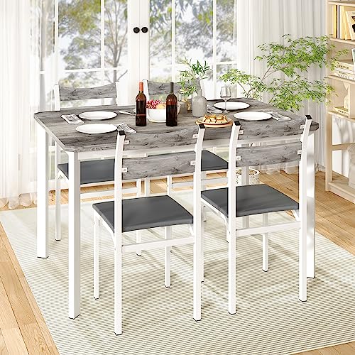 DKLGG Dining Table Set for 4, 43.3" Dining Room Table with 4 Upholstered PU Leather Chairs, Modern Wood Kitchen Table and Chairs Set, 5-Piece Dinette Set for Breakfast Nook, Small Places, Grey DKLGG