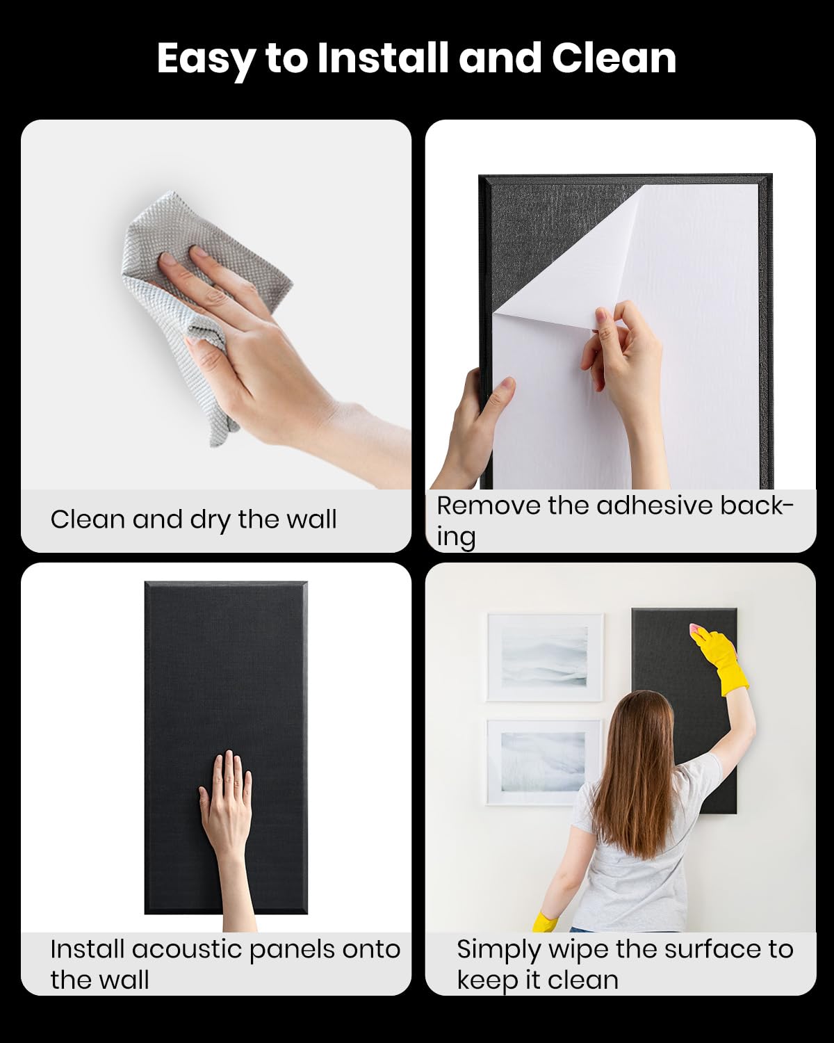 Moukey Acoustic Panels 4 PCS, 2.4“ Thick Fiberglass Soundproof Wall Panels 24''x12'', Self-adhesive Sound Absorbing Panels for Studios, Office, Home Theater (Black) Moukey