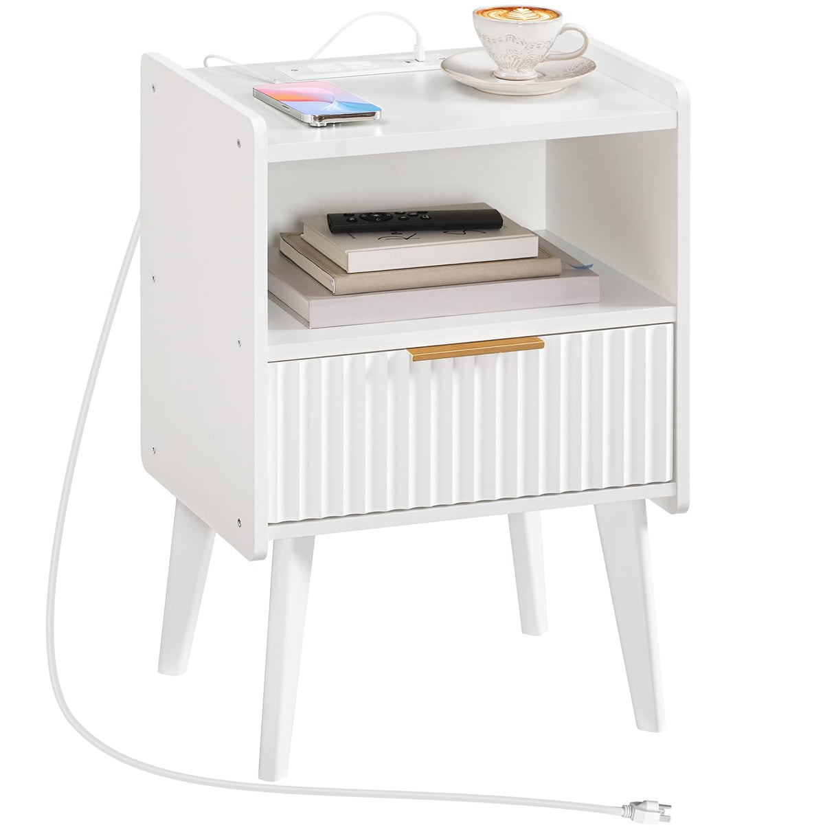 MAHANCRIS End Table Living Room Fluted Night Stand, 15.9" Modern Side Table with Charging Station,Bedside Table with Drawer for Small Spaces, Bedroom, White ETWT61E01 MAHANCRIS