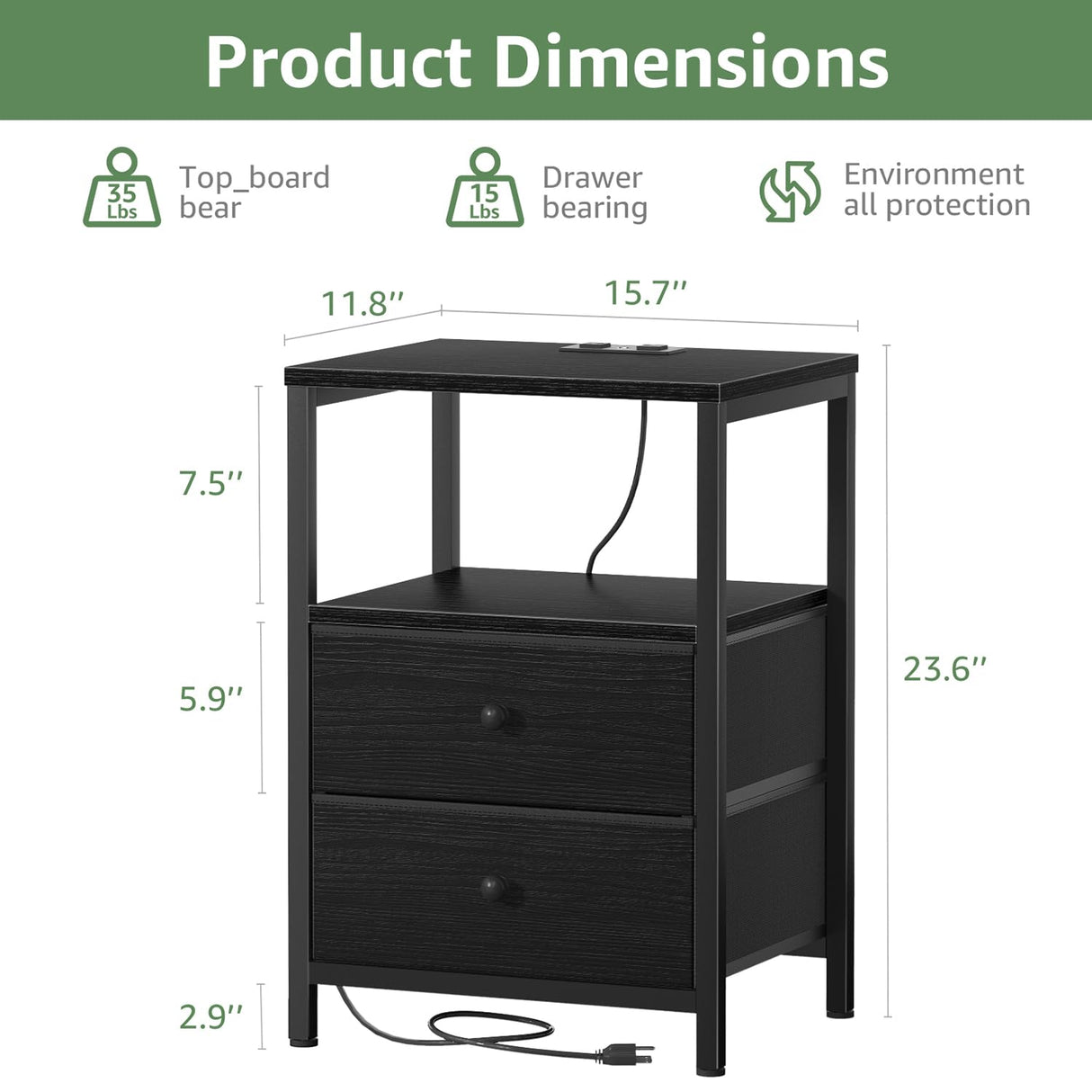 BOLUO Black Nightstand with Charging Station, LED Night Stand with 2 Fabric Drawers, Bedside Table with USB Ports and Outlets, Nightstand for Bedroom Modern BOLUO