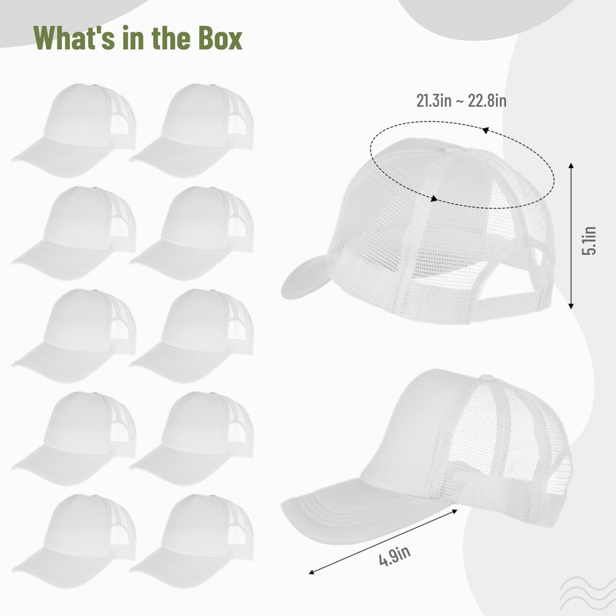 10 PCS Sublimation Blank Trucker Hats Plain Blank Baseball Caps Adjustable Back Strap Unisex Blank Mesh Caps Men Women DIY (Cotton, White) Lnrueg