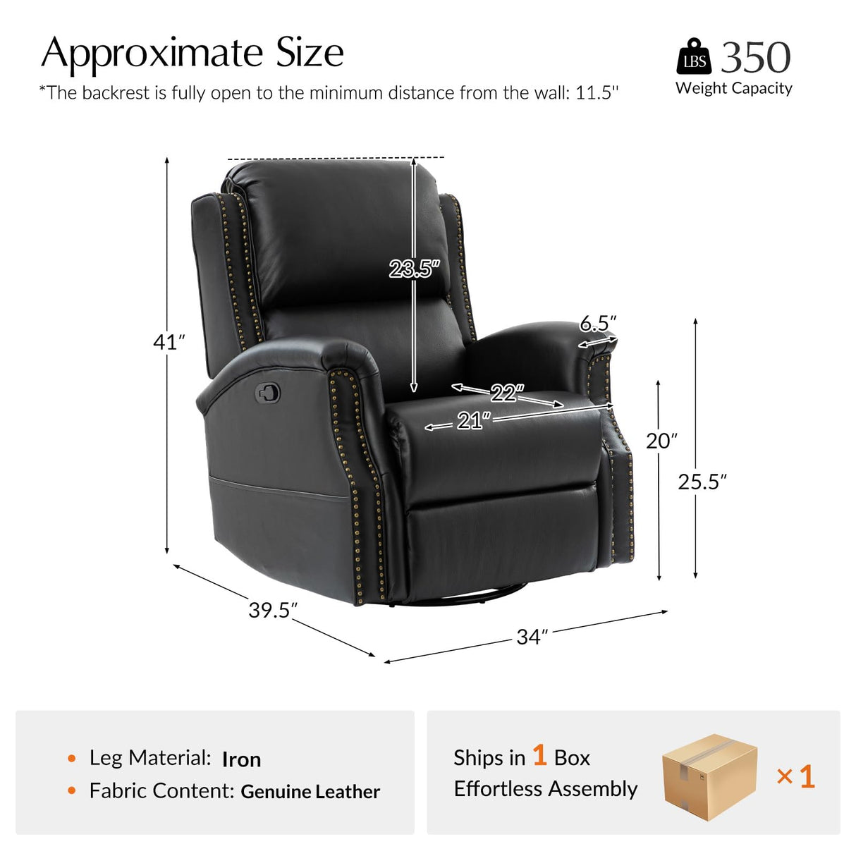 HULALA HOME Genuine Leather Recliner Chair, 360 Swivel Rocker Chair with Thick Seat, Classic Push Back Armchair with Backrest, Nailhead Trim, Black HULALA HOME