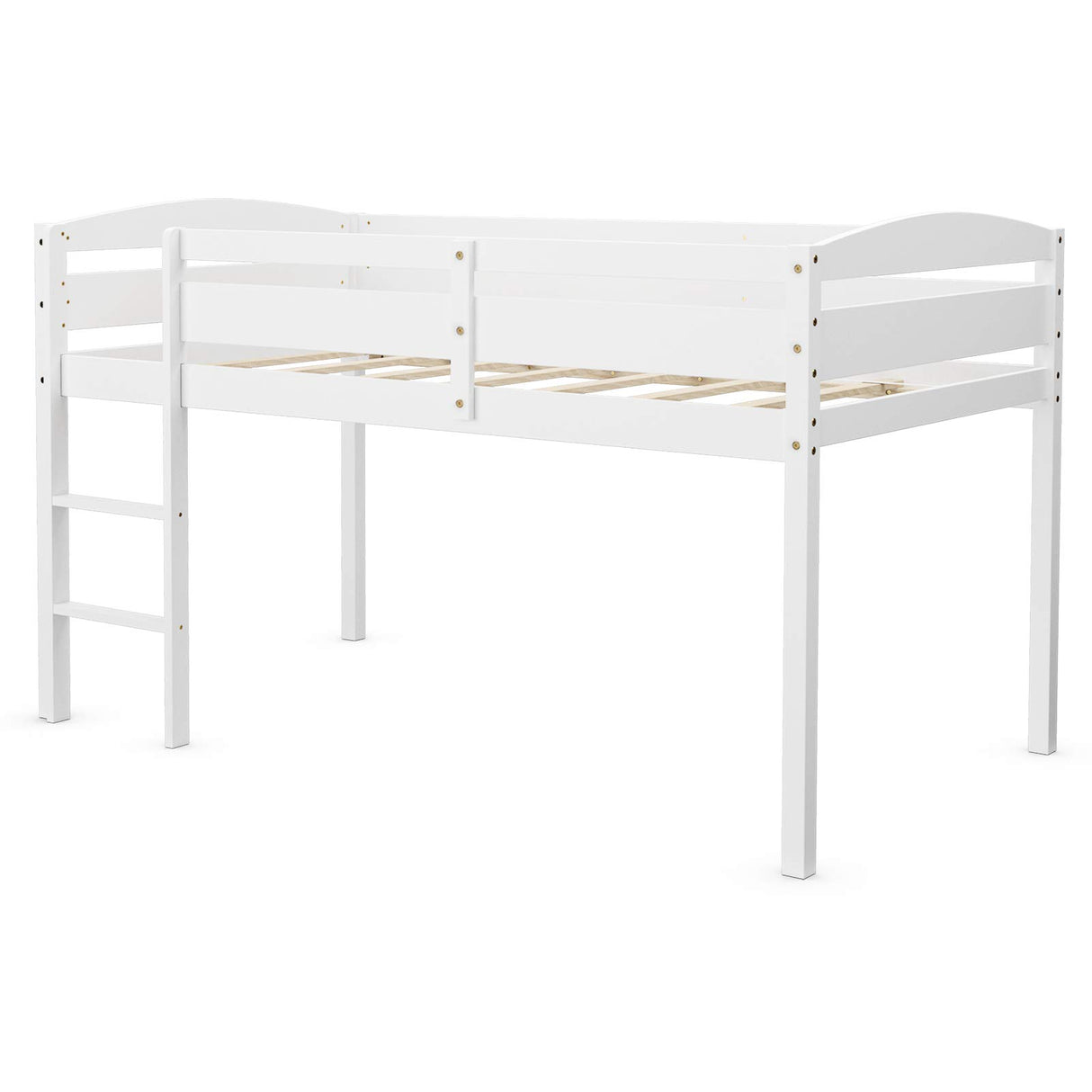 Costzon Twin Loft Bed, Solid Wood Low Loft Bed w/Guard Rail and Ladder, Boys & Girls Twin Bed for Kids Room, No Box Spring Needed, Classic Children Low Loft Bed with Storage for Bedroom, White Costzon