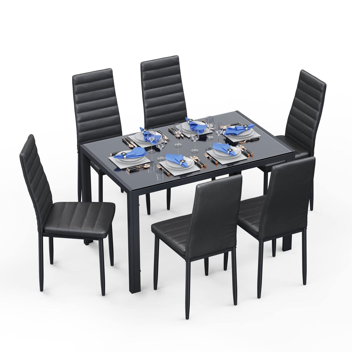 Gizoon Glass Dining Table Sets for 6, 7 Piece Kitchen Table and Chairs Set for 6 Person, PU Leather Modern Dining Room Sets for Home, Kitchen, Living Room Gizoon