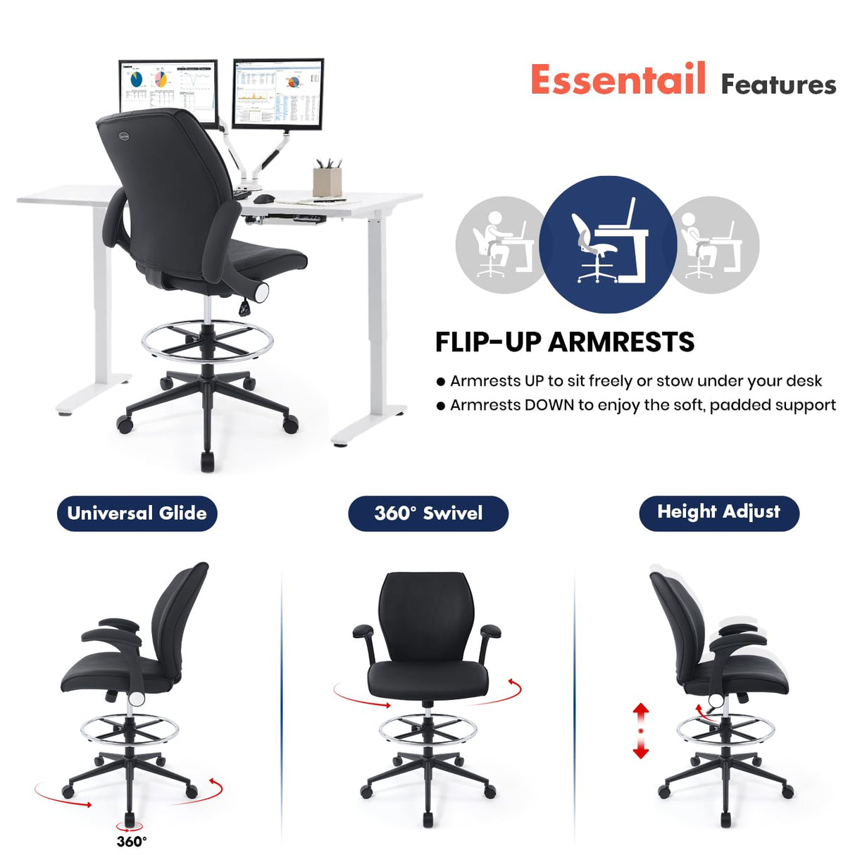 Ergonomic Mid-Back Leather Adjustable Drafting Chair with Flip-up Arms and Foot Ring, Standing-Desk Matched Tall Swivel Computer Office Stool, Black CHAIRMAN