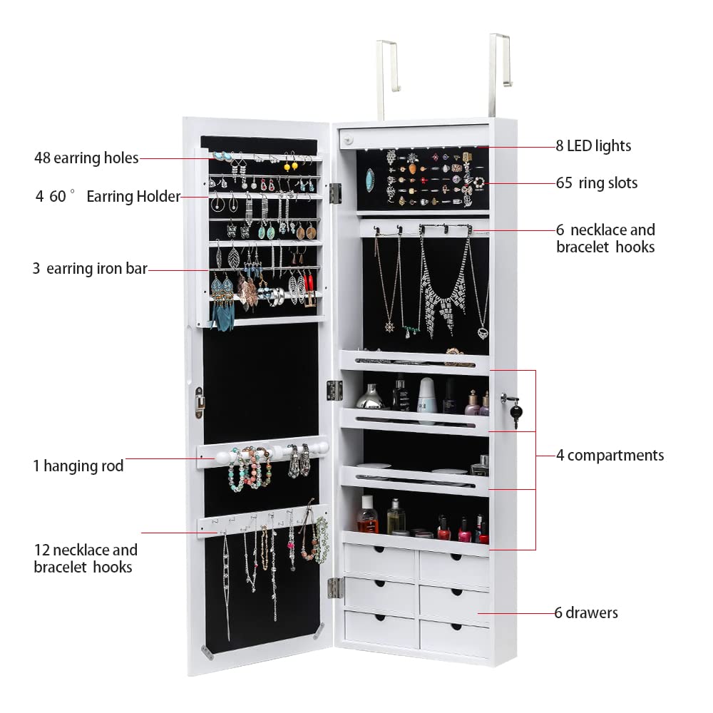 Full Length Mirror Jewelry Cabinet - 4-Layer Shelf Wall Mounted Jewelry Organizer with 8 LED Lights - Jewelry Armoire with Mirror And 6 Drawers - Wall and Door Hanging Jewelry Organizer - White WEI WEI GLOBAL