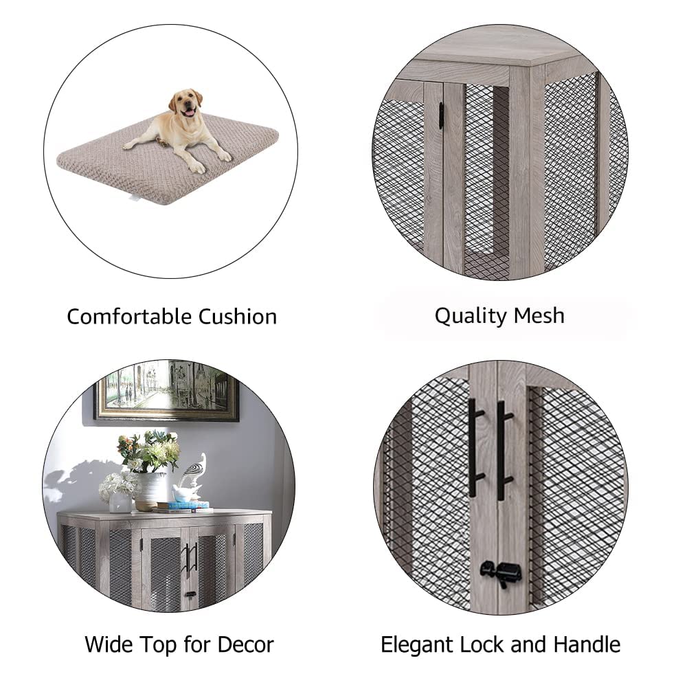 unipaws Large Dog Crate Furniture, Wooden Dog Kennel for Large Breed, Indoor Decorative Wood Dog Cage, Inside Side End Table Crate with Tray and Dog Bed, Dog Enclosure, for Dogs Up to 70 lbs unipaws