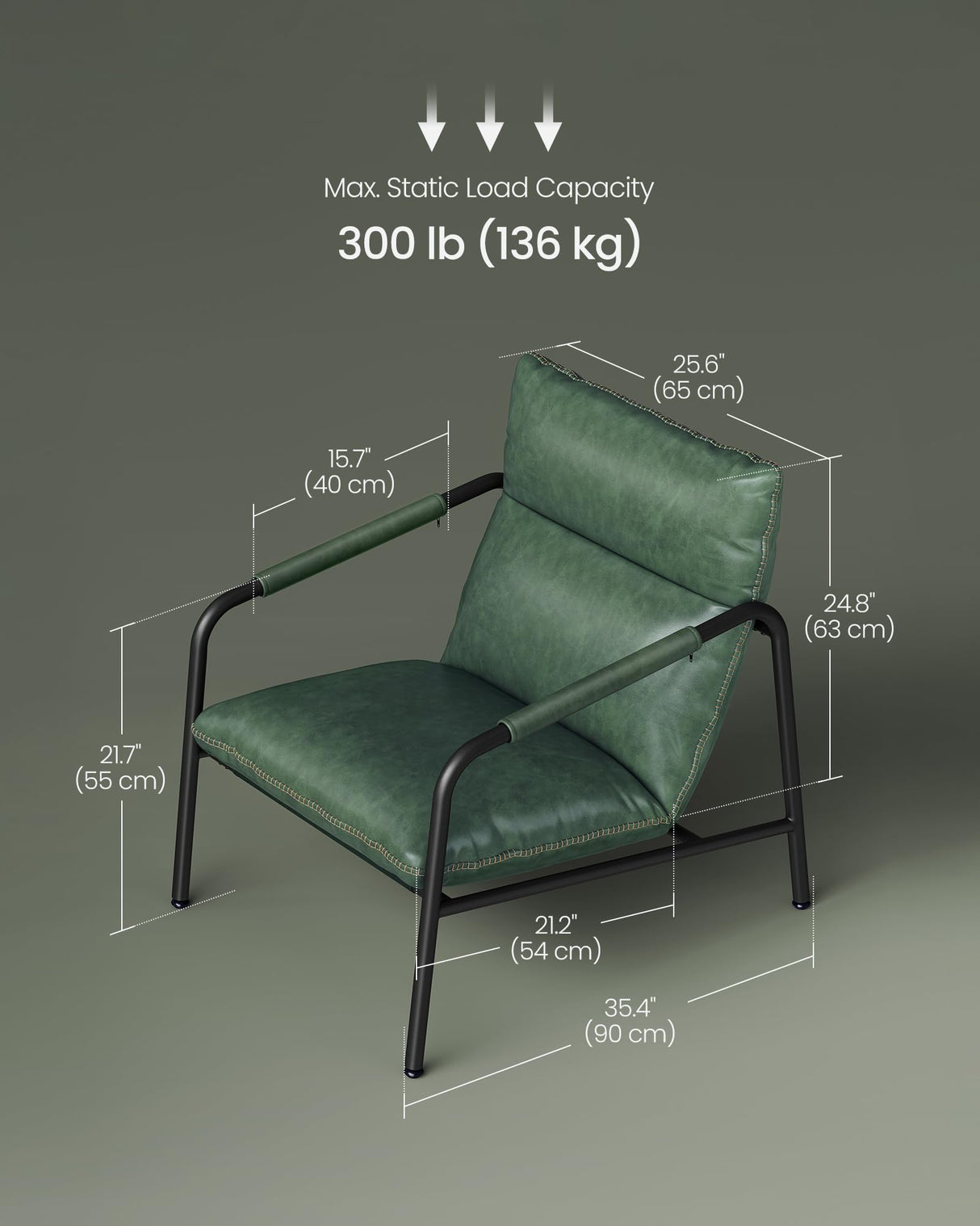 VASAGLE EKHO Collection - Accent Chair, Metal Framed Armchair, Synthetic Leather with Stitching, Mid-Century Modern, Sling Chair for Living, Bedroom, Reading Room, Lounge, Forest Green ULAC014C01 VASAGLE