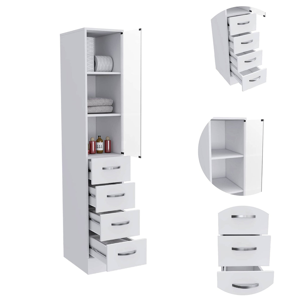 DEPOT E-SHOP Magna Linen Cabinet with Three Shelves, Four Drawers, and Metal Handles, 68" H, White, Bathroom DEPOT E-SHOP