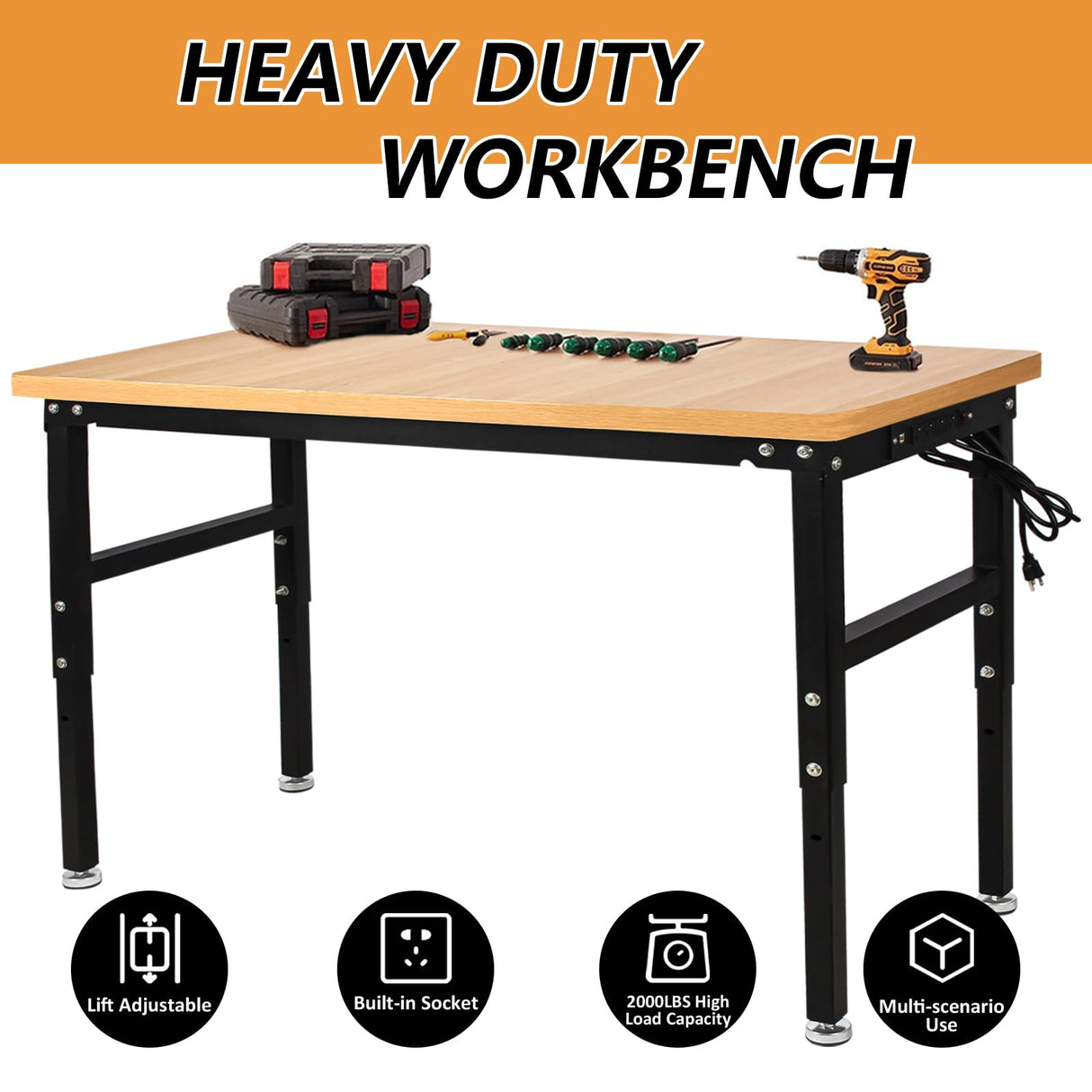 SGOLAN Adjustable Workbench with Power Outlet,60 Inch Workbench for Garage,2000 Lbs Capacity Hardwood Workbench,Heavy Duty Table for Workshop Office Home Commercial SGOLAN