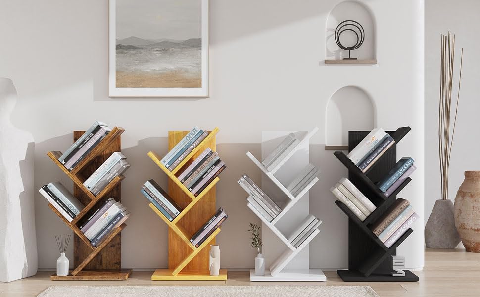 YMYNY 4 Tier Tree Bookshelf, Small Bookcase, Modern Wood Book Storage Rack, Freestanding Book Shelf for Books/Movies/CDs, Narrow Display Rack for Living Room, Home Office, Natural UHBC014N YMYNY