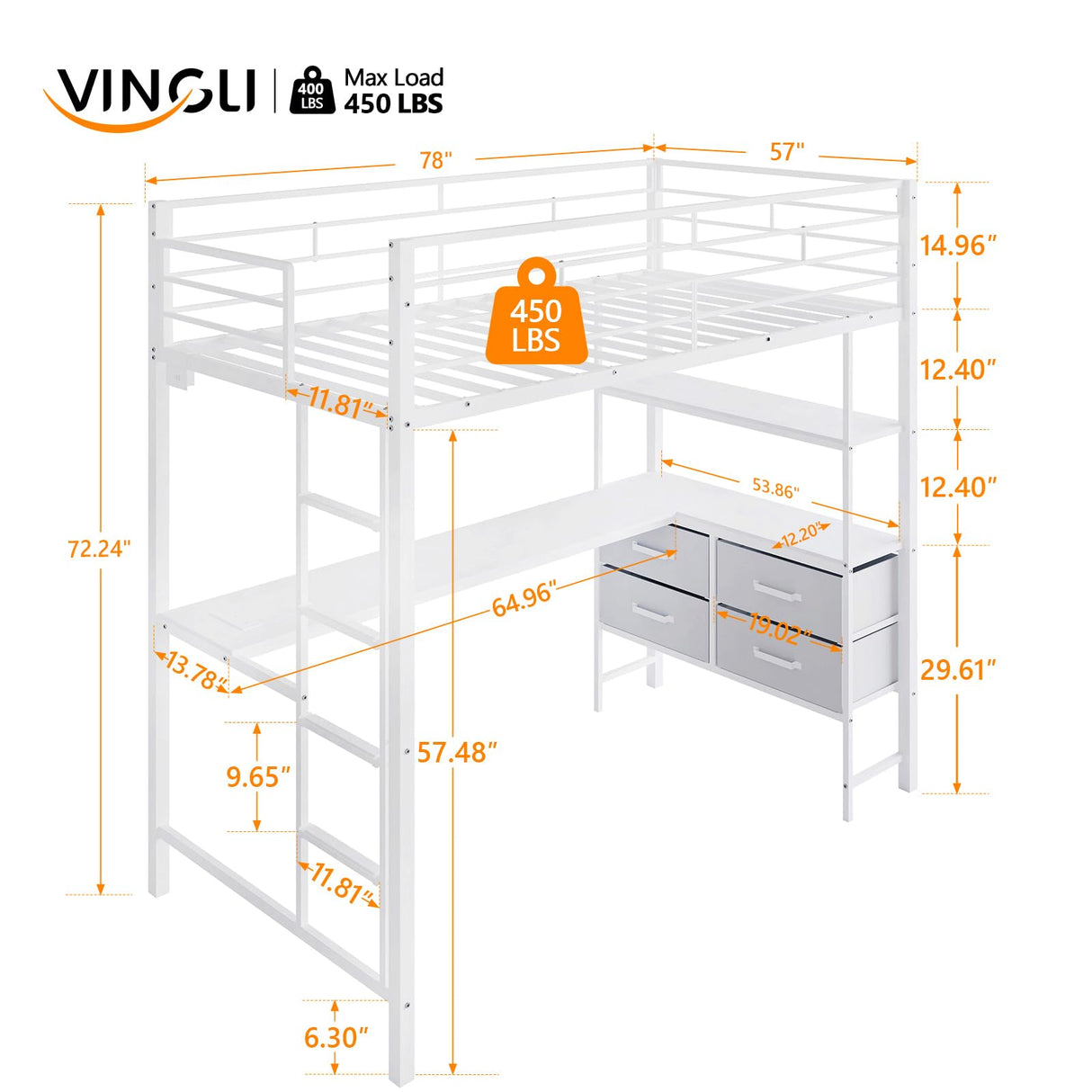 VINGLI Full Metal Loft Bed Frame with L-Shaped Desk/15 Inches Guardrail, Non-Slip Ladder, 2 Charging Stations, 4 Drawers/Storage Shelves/LED Lights, for Kids Teens Adults, No Box Spring Needed, White VINGLI