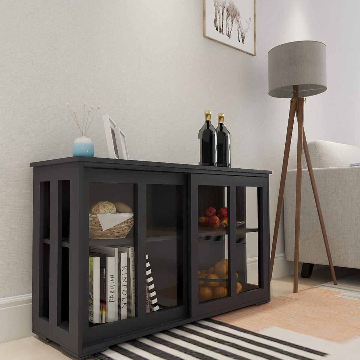 RASOO Buffet Sideboard with Sliding Glas Door and Adjustable Shelf Stackable Kitchen Storage Cabinet Antique Cupboard Home Furniture, Black RASOO