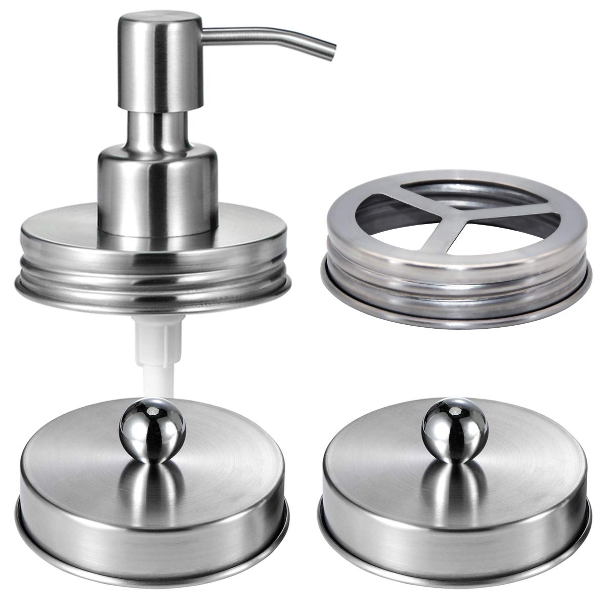 Komashr Mason Jar Bathroom Accessories Lids Set(4pcs) -Jars Not Included -Soap Dispenser,Toothbrush Holder,and Apothecary Jars Lids for Regular Mouth Mason Jars -Rustic Farmhouse Decor, Brushed Nickel Komashr
