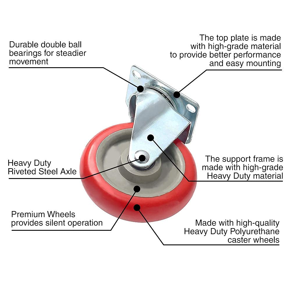 8 Pack 5 Inch Combo Caster Swivel Plate 4 w/Brake & 4 Plate Heavy Duty on Red PU Wheels with Heavy Duty Screws FactorDuty