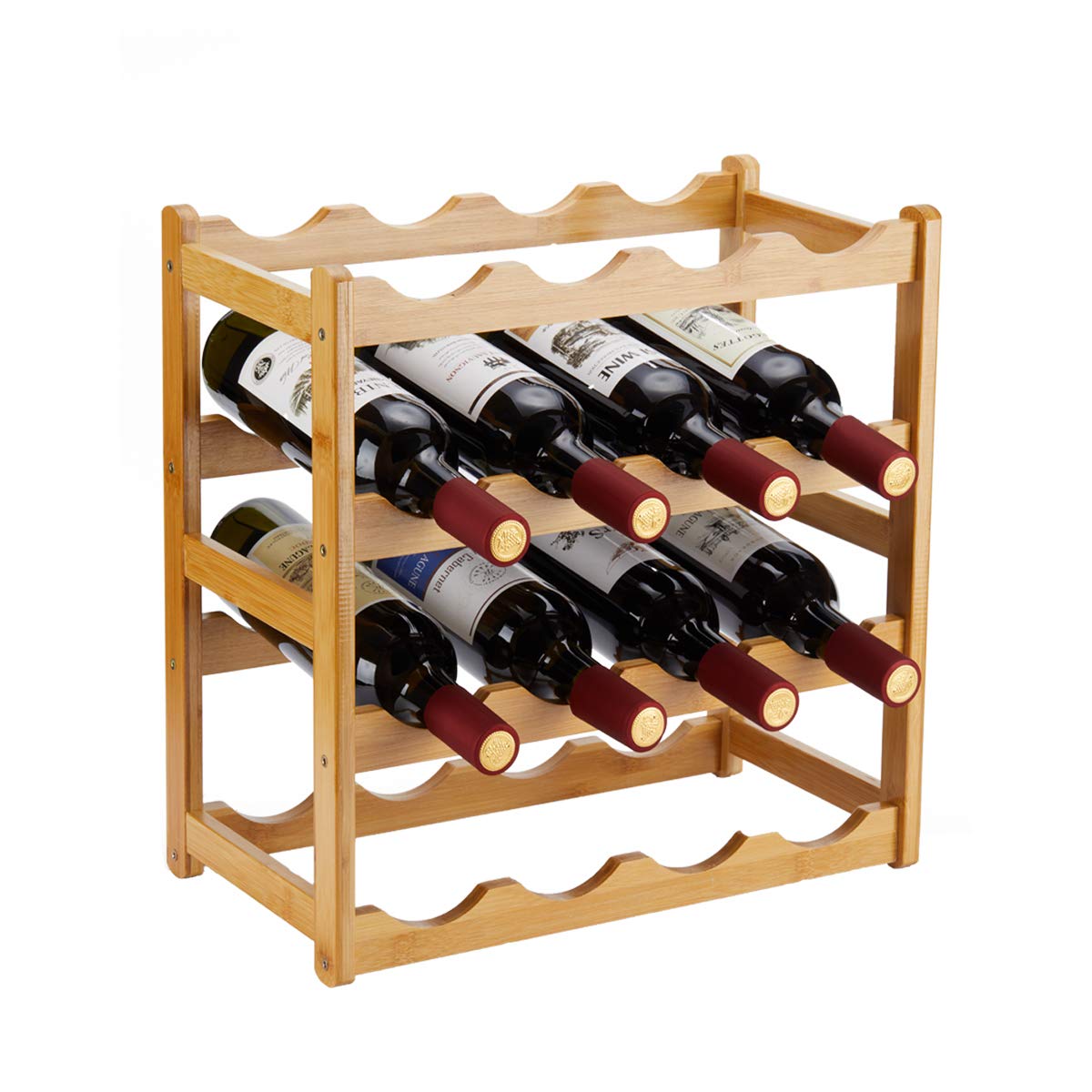 Homevany Bamboo Wine Rack, Sturdy and Durable Countertop Wine Storage Cabinet Shelf for Pantry - 4 Tiers 16 Bottle Wine Rack Homevany