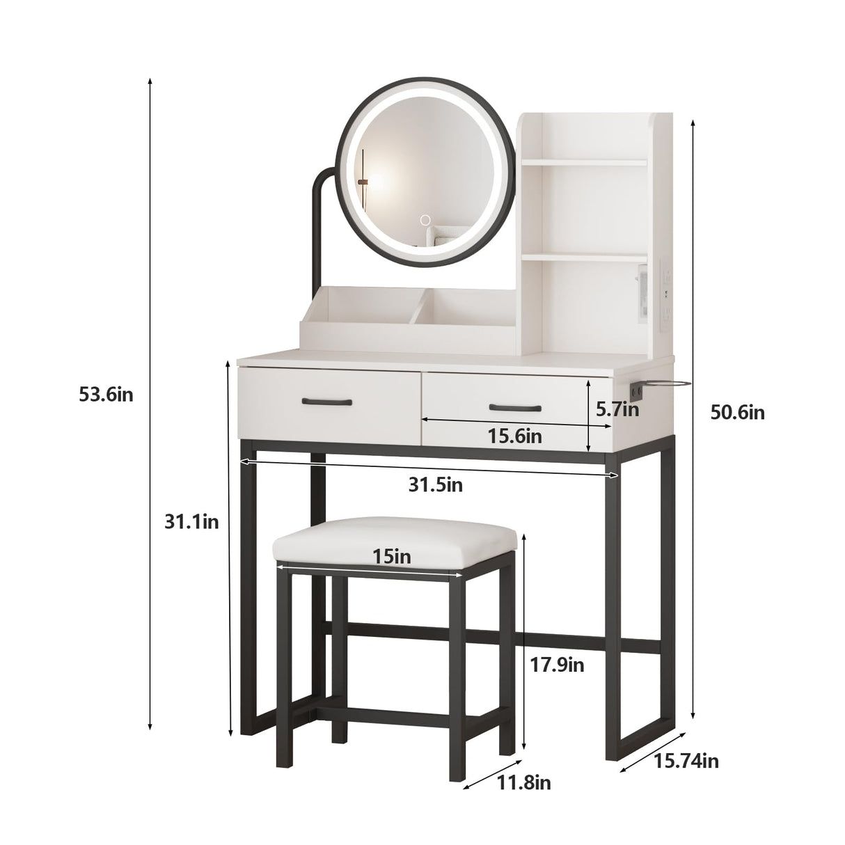 Vabches Makeup Vanity with Round Mirror and Lights, White Vanity Makeup Table with Charging Station, Small Vanity Table for Bedroom, 3 Lighting Vabches