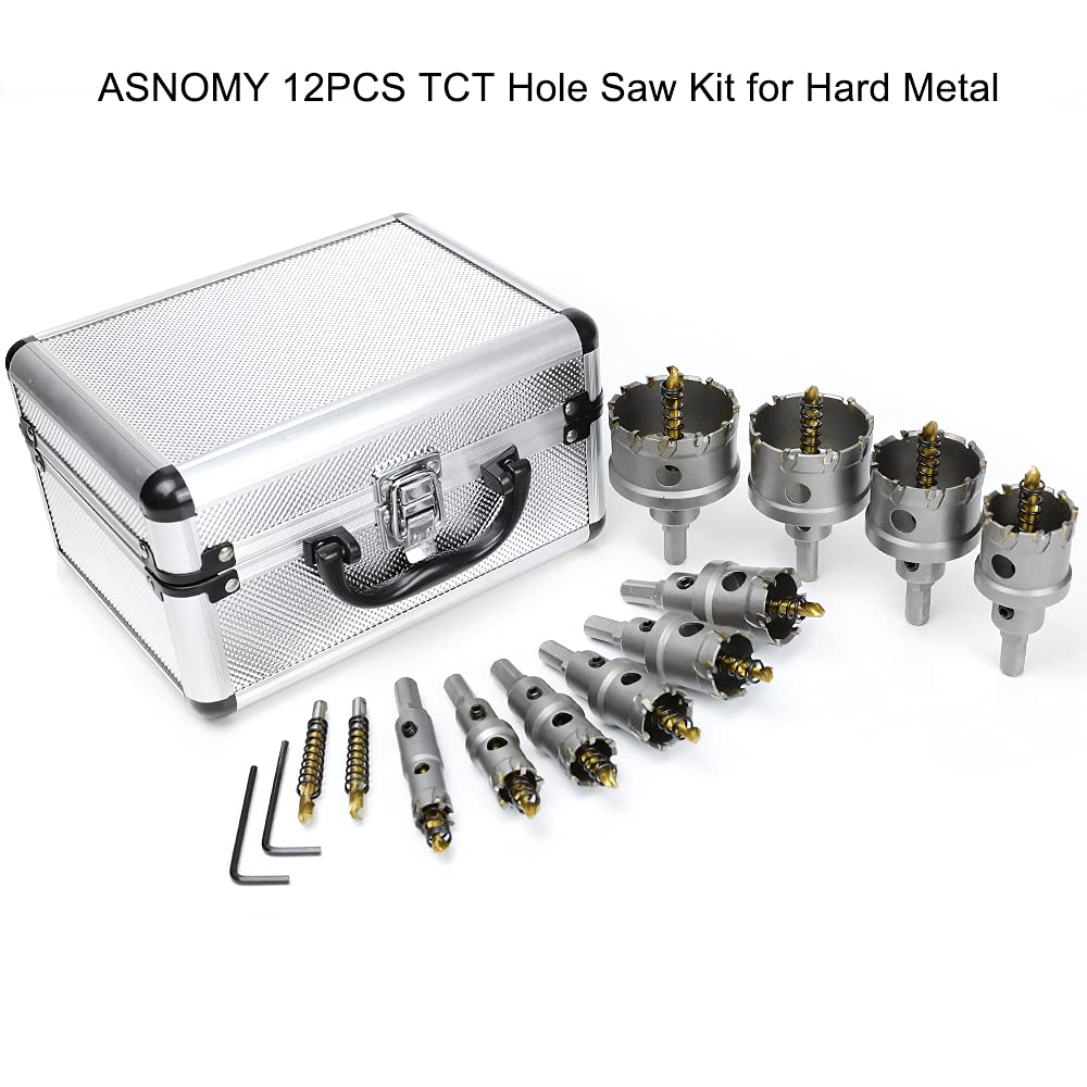 ASNOMY 12PCS TCT Hole Saw Kit for Hard Metal, 5/8"-2-1/8" Inch Tungsten Carbide Tipped Hole Cutter Set with Titanium-Plated Pilot Drill bit for Metal, Stainless Steel, Iron, Wood, Plastic ASNOMY