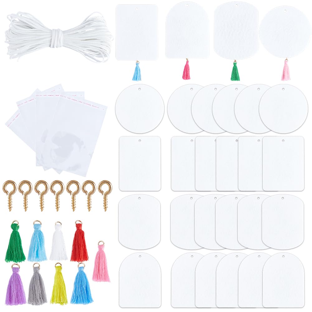 SOFPLATE 40Pcs Sublimation Air Freshener Blanks Car Scented Sublimation Blanks Products Accessories Arch Rectangle Round Felt Heat Tranfer Printing with 40pcs Tassels Bags Cord for Home Hanging Decor SOFPLATE