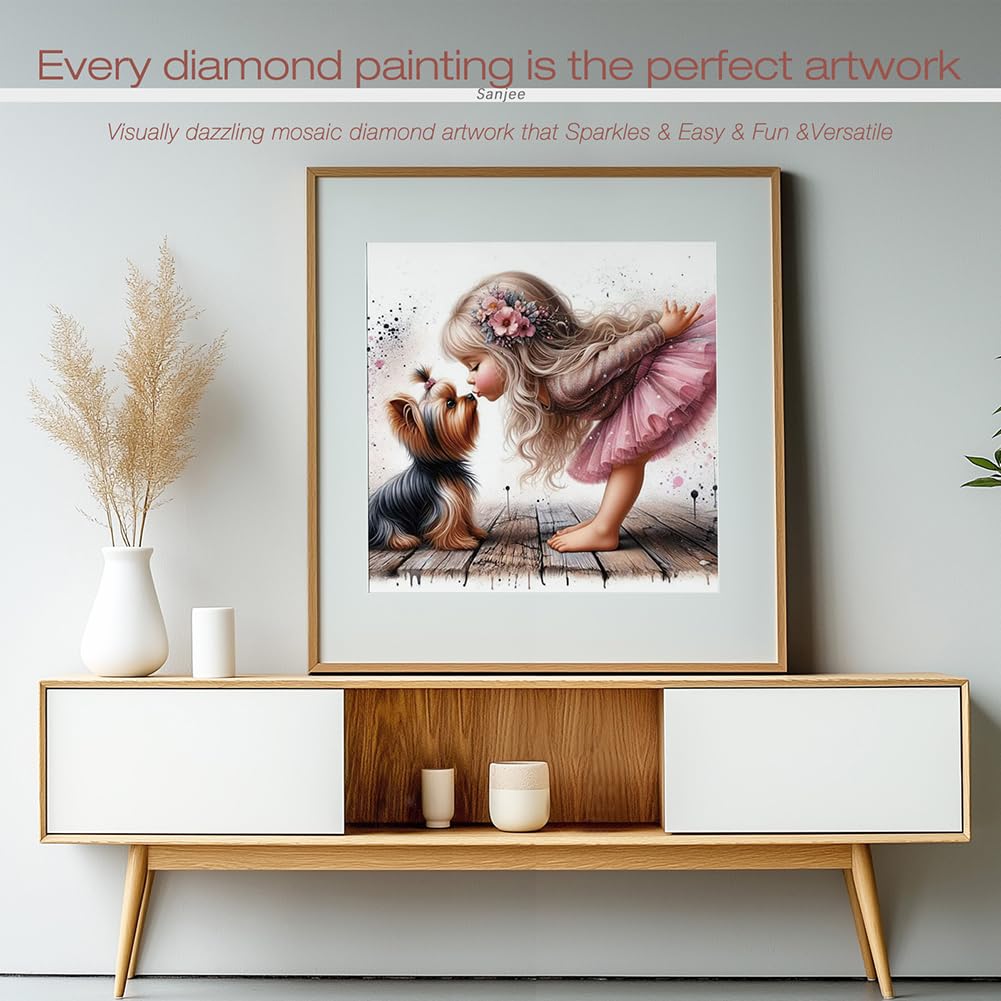 Sanjee Diamond Art Kits for Adults, Diamond Painting Kits Girl Kissing Dog for Adults, 5D DIY Round Full Drill Gem Art Crafts for Home Wall Decor Gift, 12x12inch Sanjee