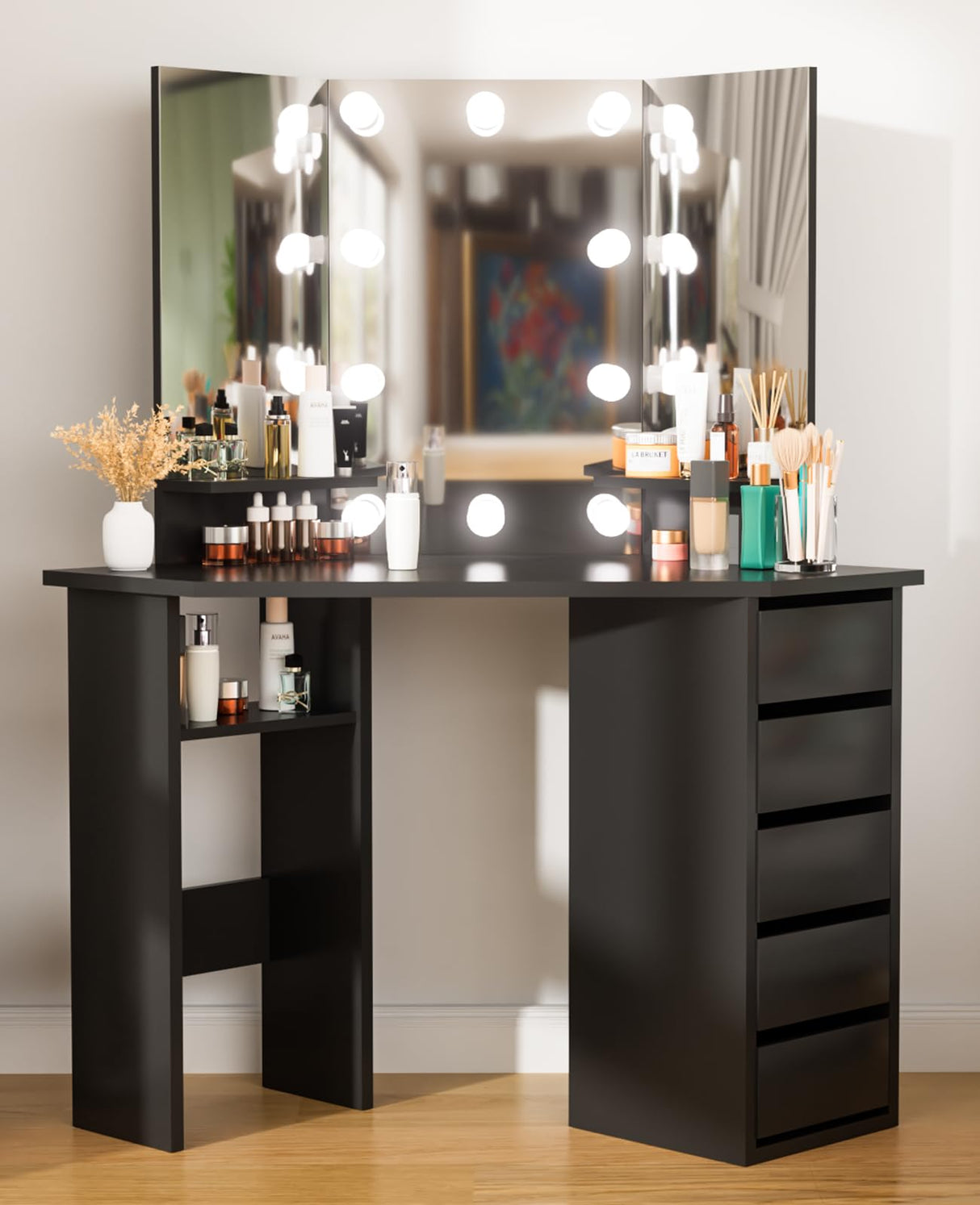 Corner Makeup Vanity Desk with Lighted Mirror - Bedroom Vanity Table Mirror with 5 Drawer and Storage Shelf, 3 Lighting Modes Adjustable, Makeup Table for Women Girls Black 44" Soldow