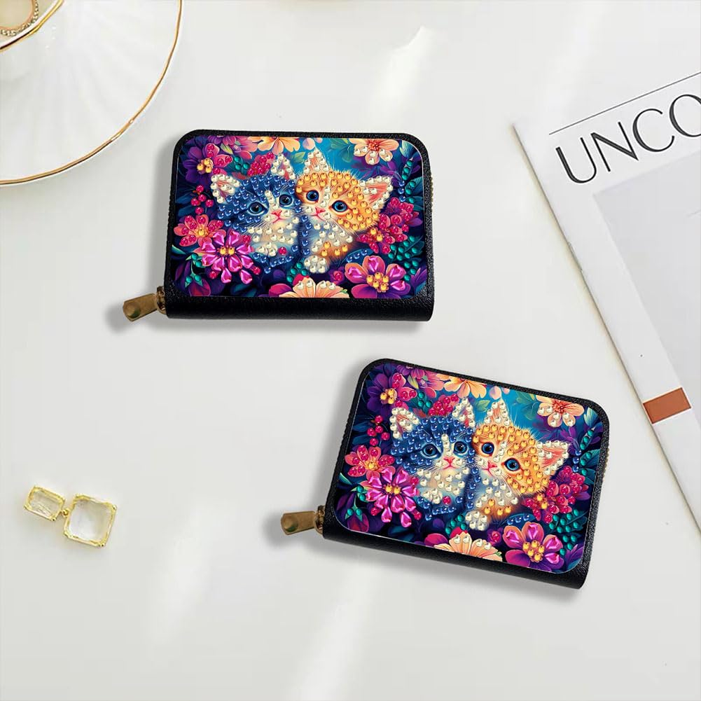 DIY Diamond Art Painting Kit - PU Leather Credit Card Holder Wallet & Coin Purse with Cat Pattern, Zipper Organizer 4.33x3.14in for Adults Santiway