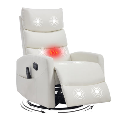 Trustyue Swivel Rocker Recliner Chair, 360° Swivel Recliner with Heat and Massage, Leathery Rocker Recliner Nursery Glider Recliner Chair with Side Pockets for Living Room White