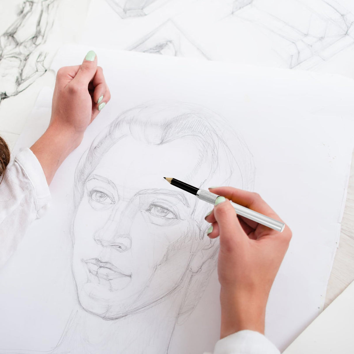 TEHAUX 5pcs Pencil Extenders, 4inch Stainless Steel Lengthener with Adjustable Charcoal Stand for Pencils (Silver) TEHAUX