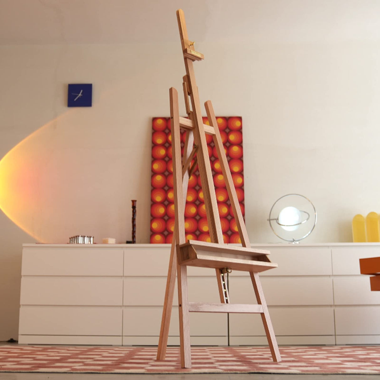 ATWORTH American Oak Inclinable Studio Art Easel, Hold Canvas up to 48”, Deluxe Wooden Large Adjustable A-Frame Lyre Style Floor Painting Easel Stand with Storage Tray, Natural Oil Finish ATWORTH