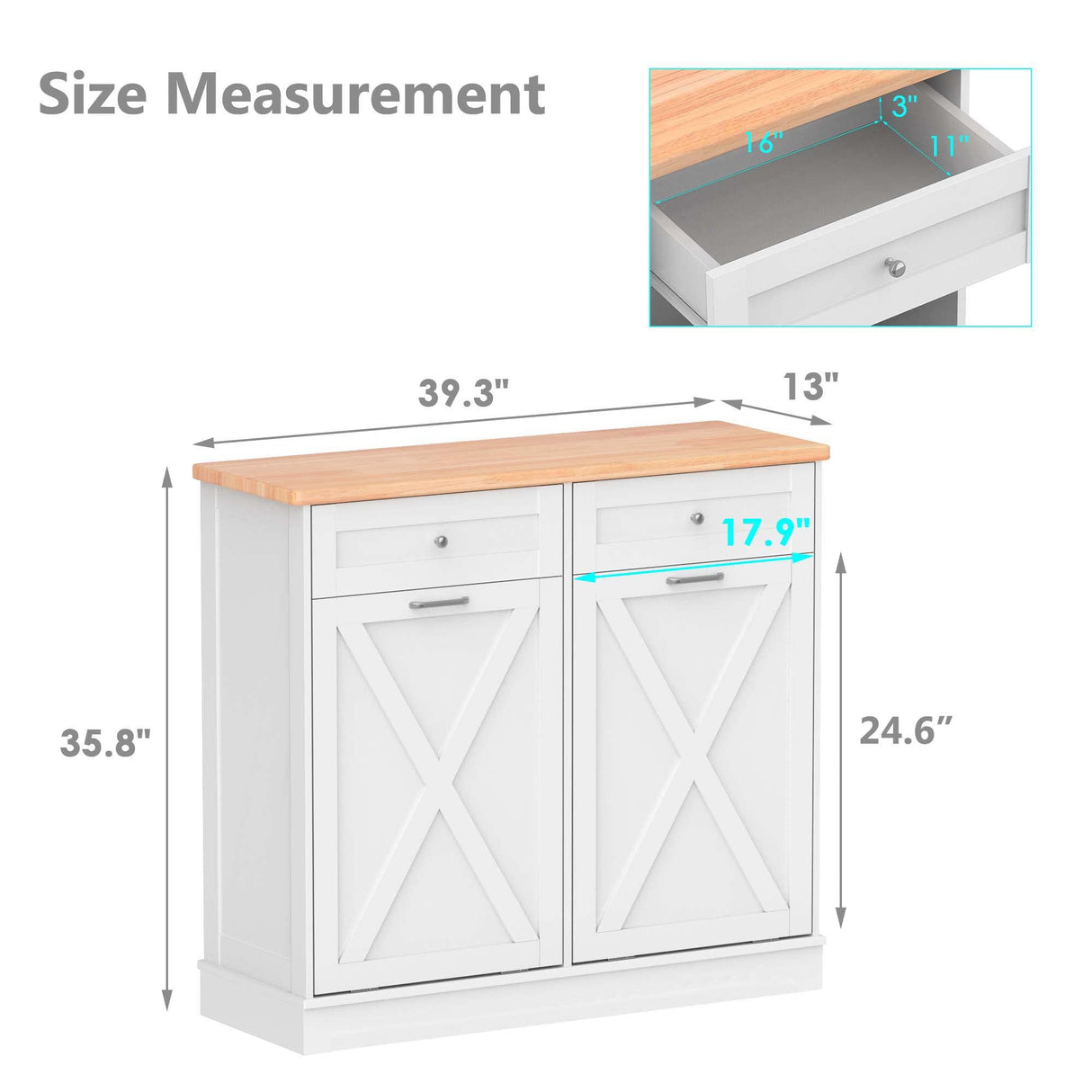 Betterhood Double Tilt Out Trash Cabinet Can Bin Kitchen 20 Gallon Wooden Free Standing Laundry Sorter,Recycling Cabinet with Hideaway Drawer, (White) Betterhood