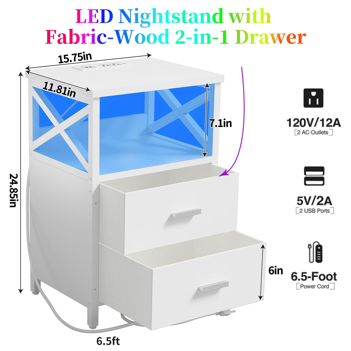 HDDDZSW LED Nightstand with Charging Station, Side Table with USB Ports and Outlets, End Table for Small Spaces, White Bedside Tables with Fabric-Wood 2-in-1 Drawer for Bedroom, Living Room, Office HDDDZSW