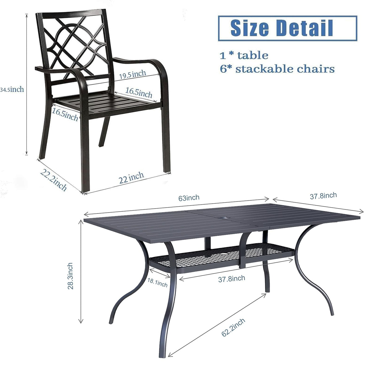 Omelaza 7 Pieces Patio Metal Furniture Outdoor Dining Set with 6 Stackable Bistro Chairs, and 60'' x 37'' Rectangle Table with Umbrella Hole (Black) Omelaza