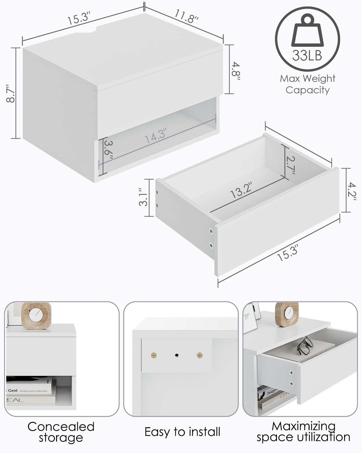 Aienvey Floating Nightstand, Small Modern Floating Nightstand with Drawer, Floating Shelves for Bedroom, Bathroom, White Aienvey