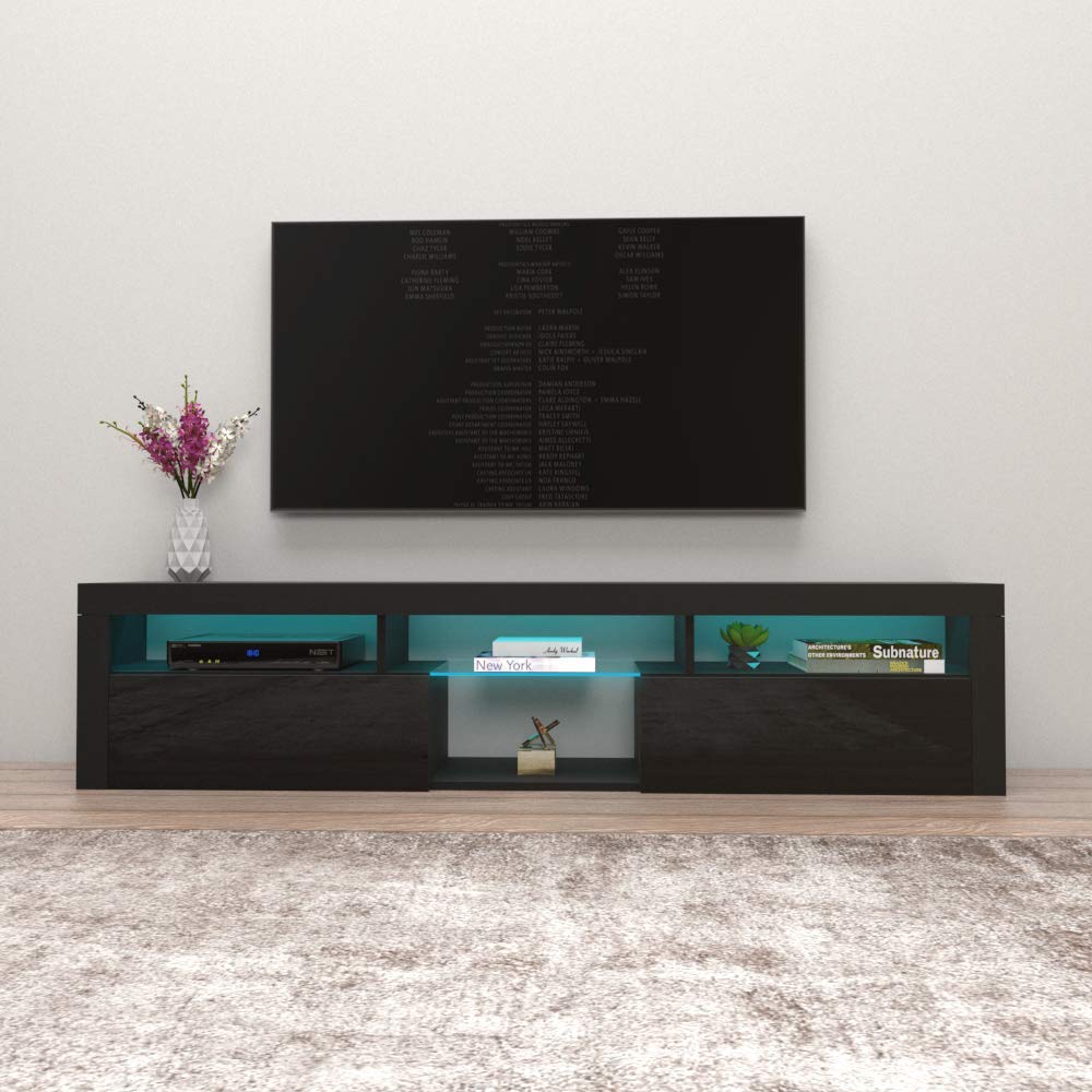 Meble Furniture Bari 200 TV Stand - Wall-Mounted Entertainment Center Console for Bedroom & Living Room TV Stand Upto 90" - Modern TV Floating Entertainment Center with Storage & LED Lights - Black MEBLE FURNITURE & RUGS