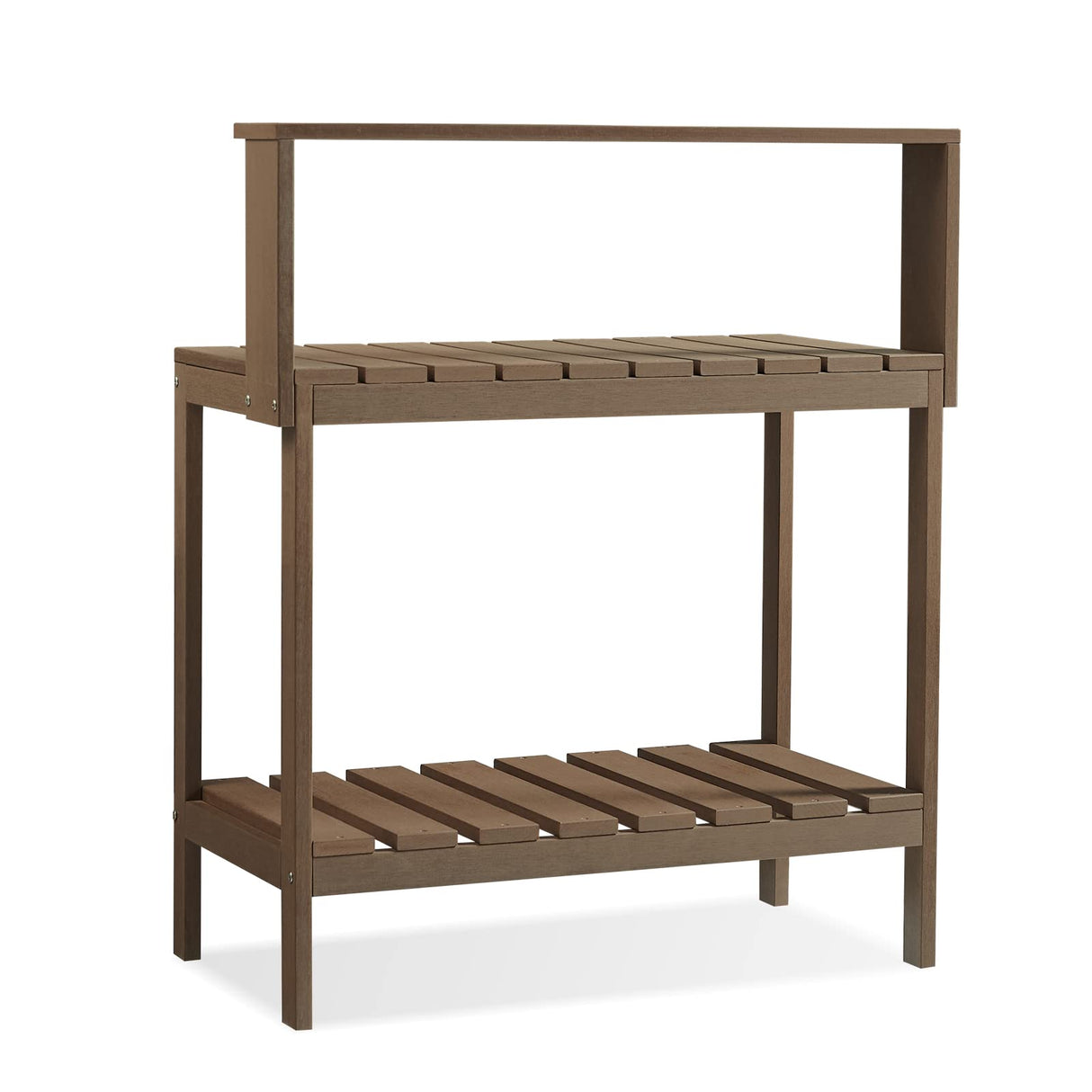 Psilvam Outdoor Poly Lumber Potting Bench, Polystyrene Garden Table with Storage Shelves, All-Weather Patio Work Station for Gardening(Brown) Psilvam