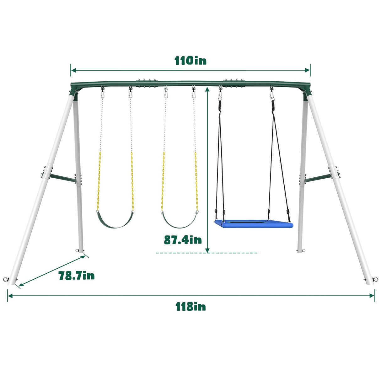 Hapfan 7.3ft Tall Heavy Duty Swing Set, 3 Swings Metal Swing Sets for Backyard, Big Kids Playset for Playground Outdoor Hapfan
