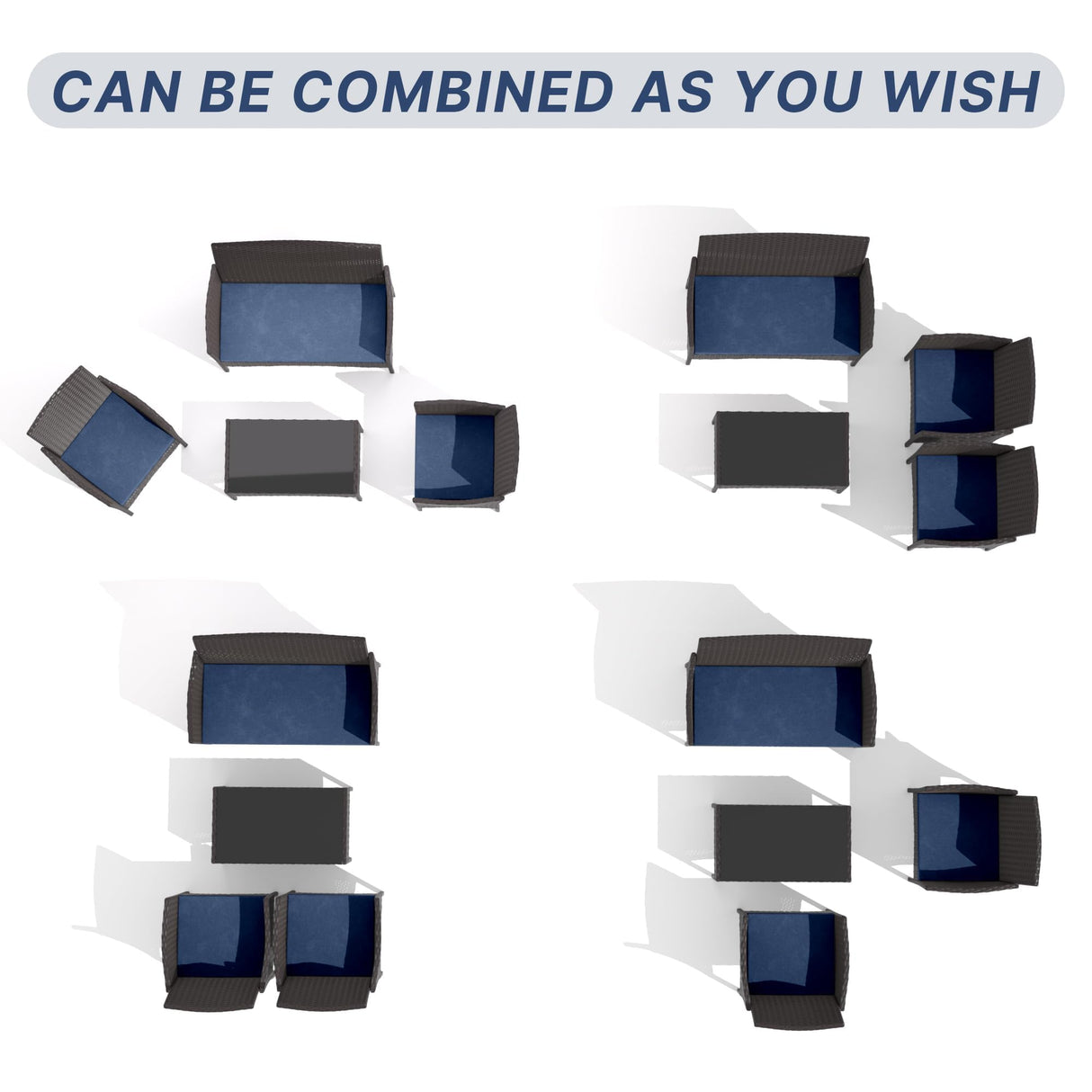 Gotland 8-Piece Outdoor Patio Furniture Set, Wicker Rattan Chairs & Sofa with Cushions and Glass Coffee Table, Conversation Set for Backyard, Lawn, Porch, Pool, Garden (Navy-1) Gotland