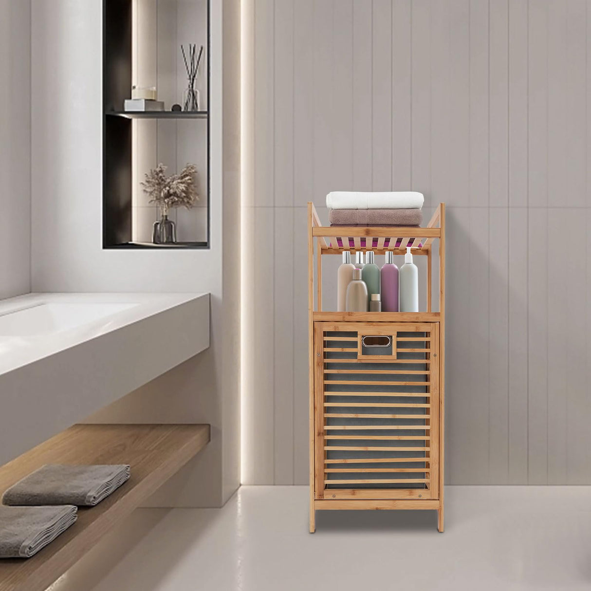 Xlsdlvcnxz Tilt Out Laundry Hamper with Shelves Bamboo Frame Non-Woven Basket for Clothes Storage Bathroom Organization Xlsdlvcnxz