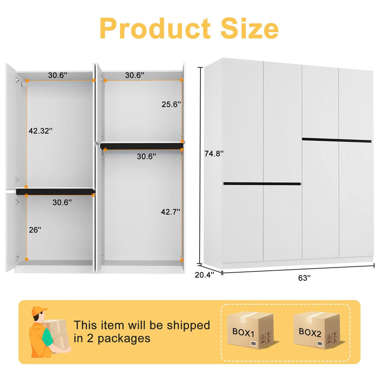 Wakefit 4 Doors Armoire Closet, Wooden Bedroom Armoires with Hanging Rod, Wardrobe Closet with Doors, Freestanding Wardrobe Cabinet for Bedroom, Guest Room, White(20.4" D x 63" W x 74.8" H) Wakefit