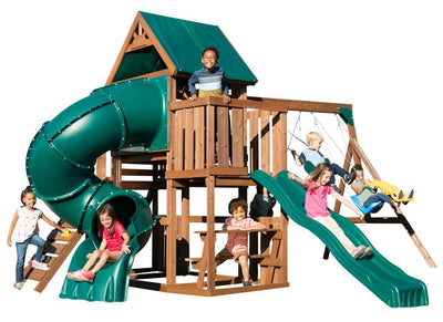 Swing-N-Slide WS 8359 Tellico Terrace Wood Swing Set with Two Slides, Climbing Wall & Swings, Brown