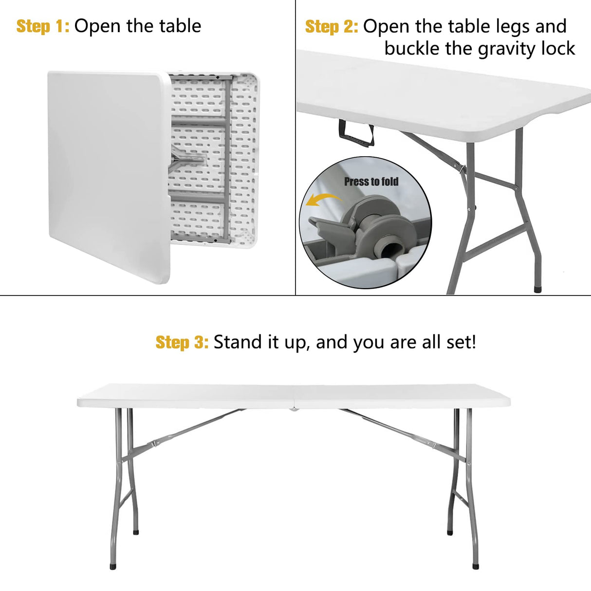 Byliable Folding Table 6ft Portable Heavy Duty Plastic Fold-in-Half Utility Foldable Table Plastic Dining Table Indoor Outdoor for Camping, Picnic and Party, White Byliable
