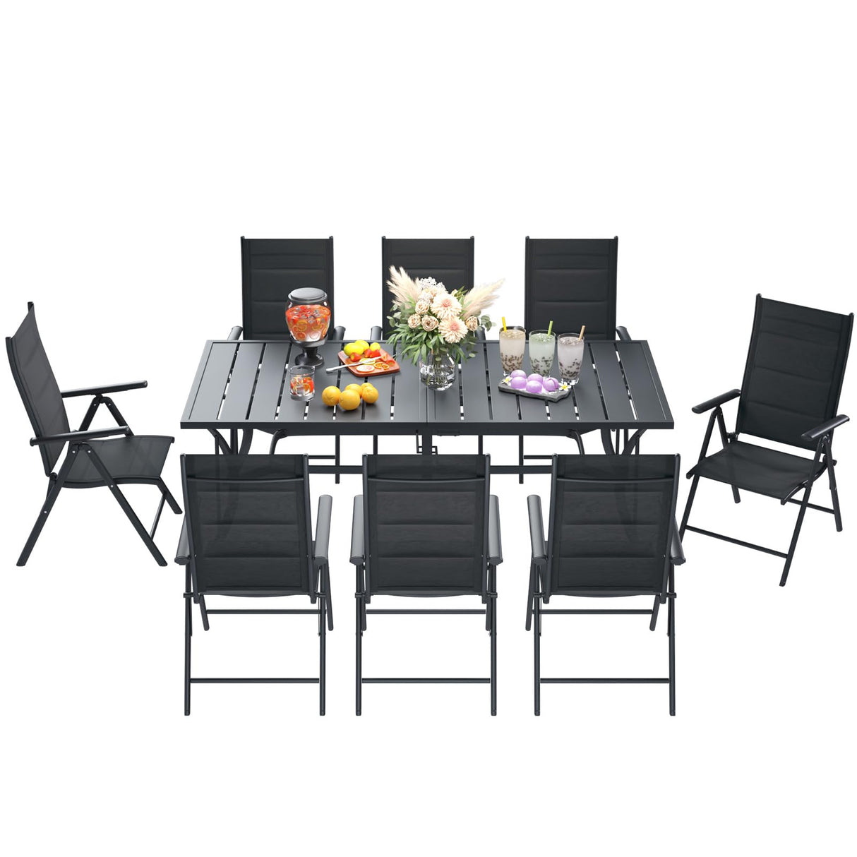 BUPPLEE 9-Piece Outdoor Dining Set with 8 Padded Aluminum Foldable Chairs & Rectangular Table with Umbrella Hole - Patio Furniture for Backyard, Balcony, Poolside BUPPLEE