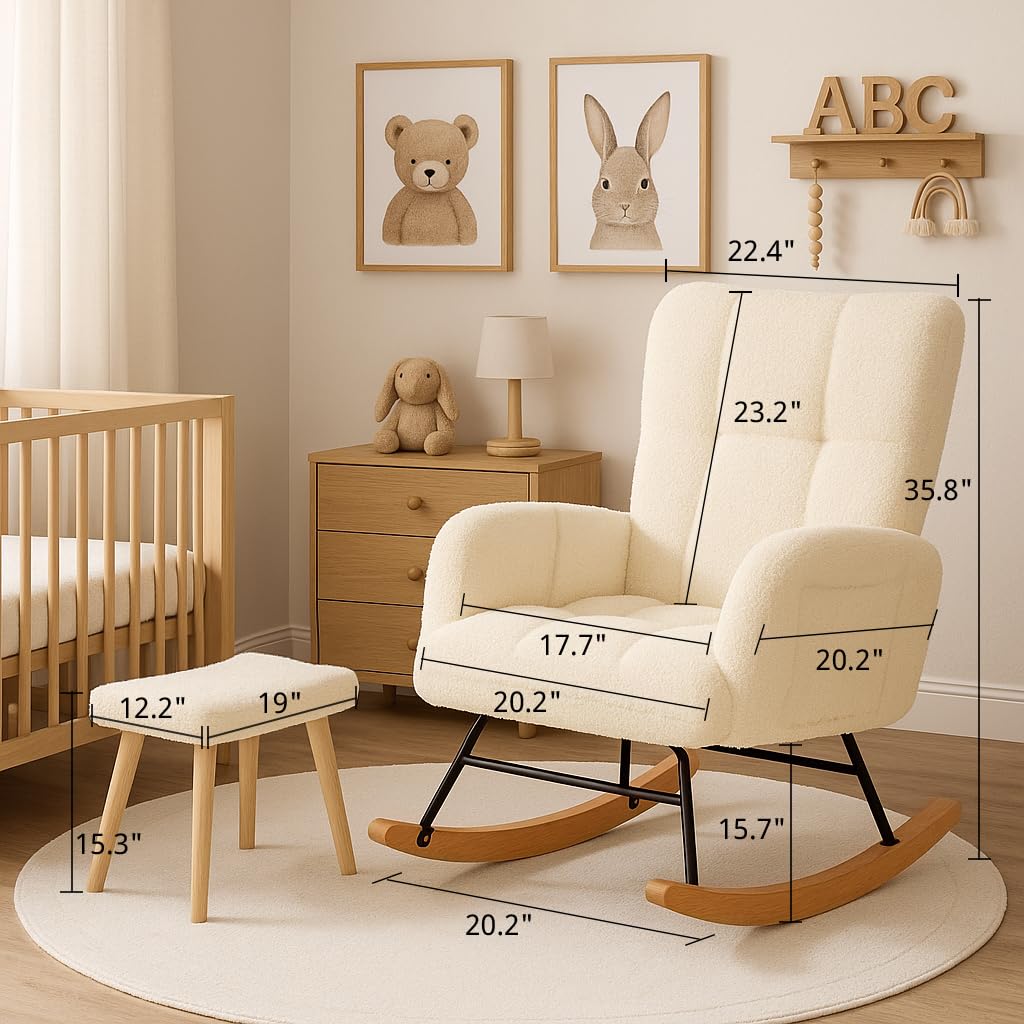 COMHOMA Nursery Rocking Chair with Ottoman, Teddy Glider Rocking Chair, Accent Chair with High Backrest Reading Chair for Adult, Nursery, Bedroom, Living Room, Offices (Beige with Ottoman) COMHOMA